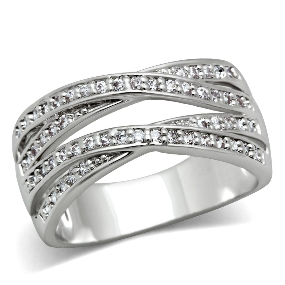 3W131 - Rhodium Brass Ring with AAA Grade CZ  in Clear - Alamode