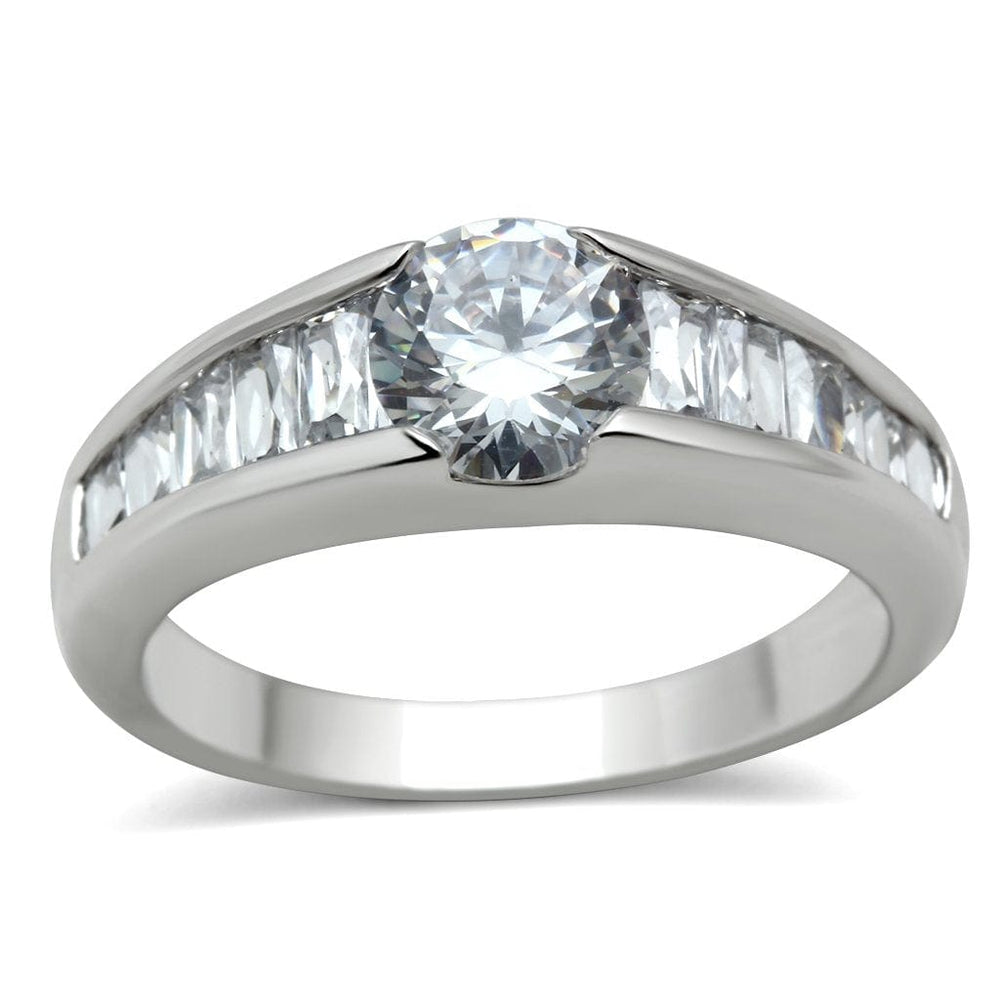3W133 - Rhodium Brass Ring with AAA Grade CZ  in Clear - Alamode