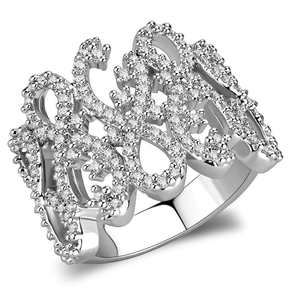 3W1443 - Rhodium Brass Ring with AAA Grade CZ  in Clear - Alamode