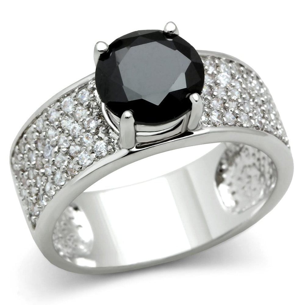 3W145 - Rhodium Brass Ring with AAA Grade CZ  in Jet - Alamode
