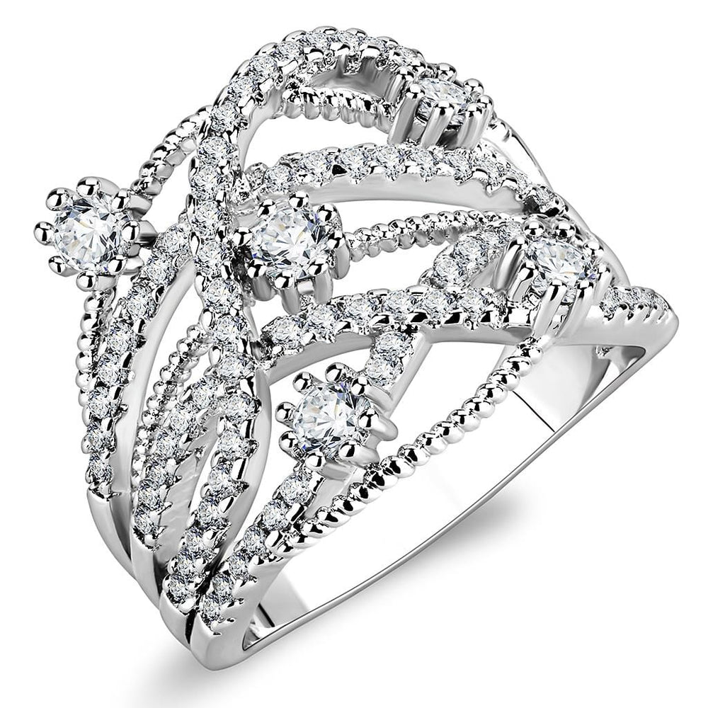 3W1463 - Rhodium Brass Ring with AAA Grade CZ  in Clear - Alamode