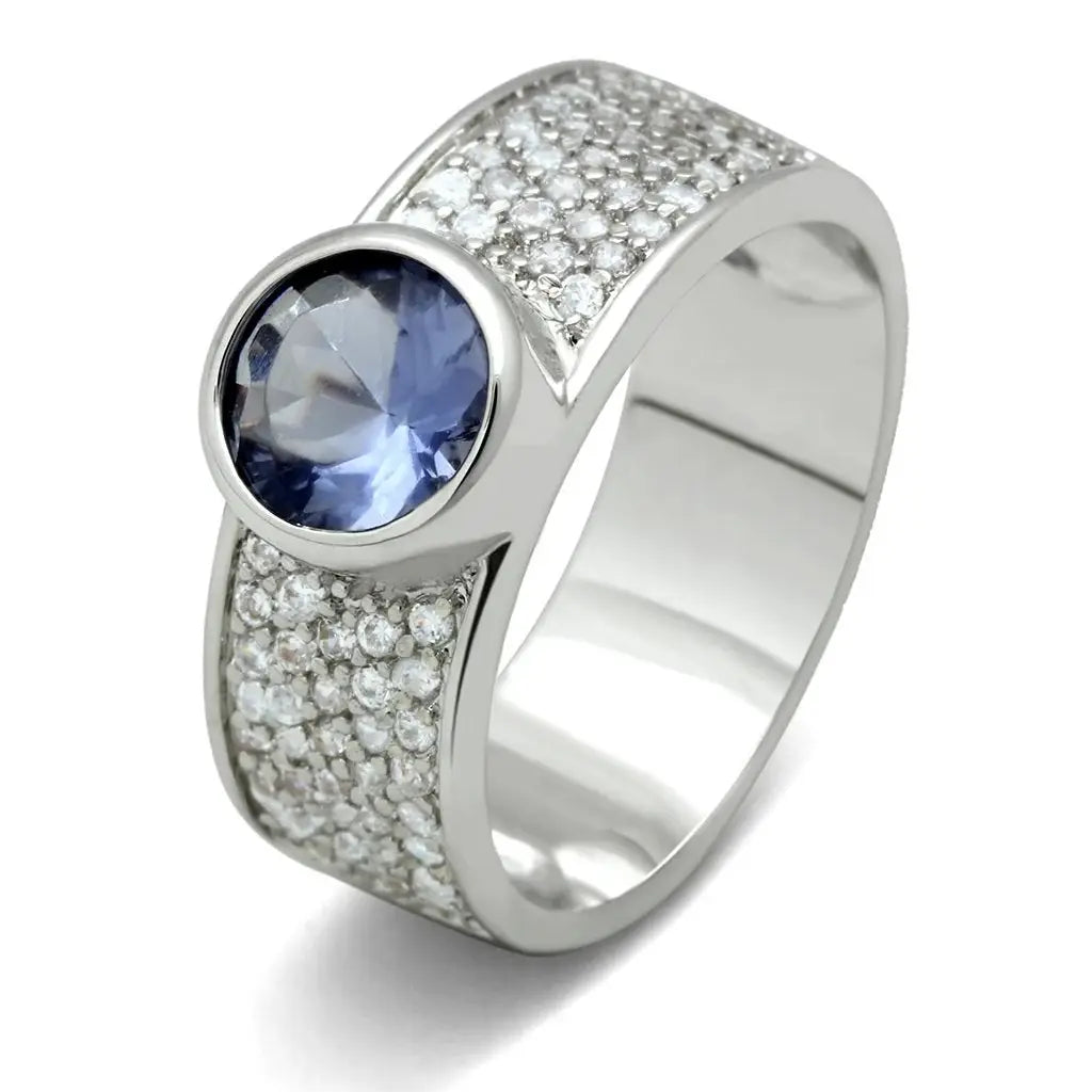 3W146 - Rhodium Brass Ring with Synthetic Synthetic Glass in Light Sapphire - Alamode - Flyclothing LLC