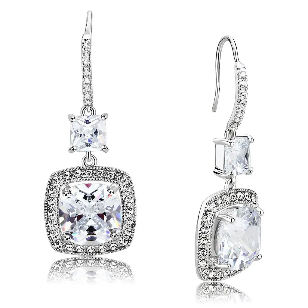 3W1477 - Rhodium Brass Earrings with AAA Grade CZ in Clear - Alamode - Flyclothing LLC