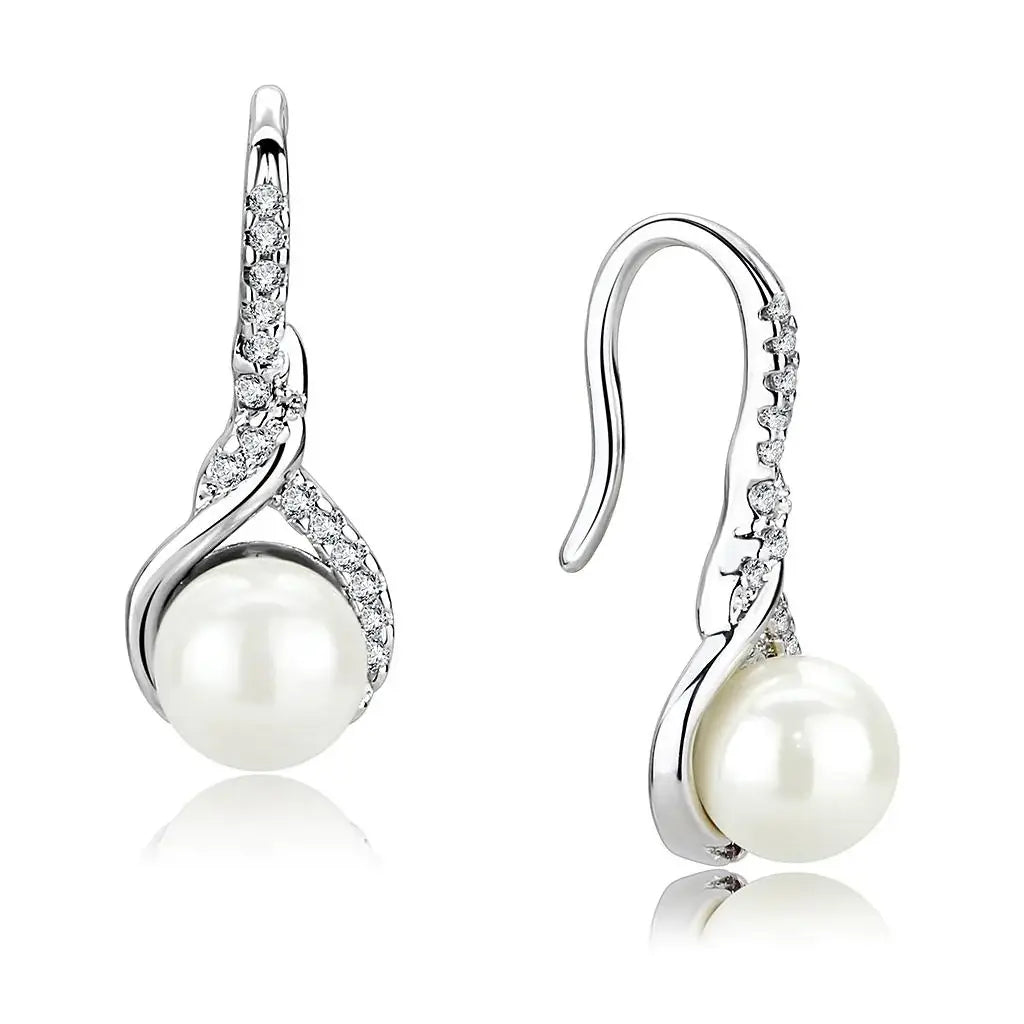 3W1478 - Rhodium Brass Earrings with Synthetic Pearl in White - Alamode - Flyclothing LLC
