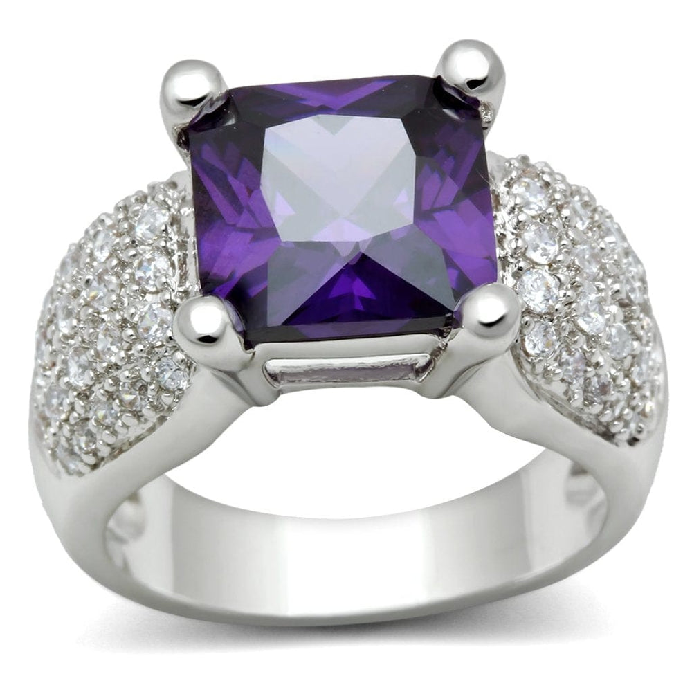 3W148 - Rhodium Brass Ring with AAA Grade CZ  in Amethyst - Alamode