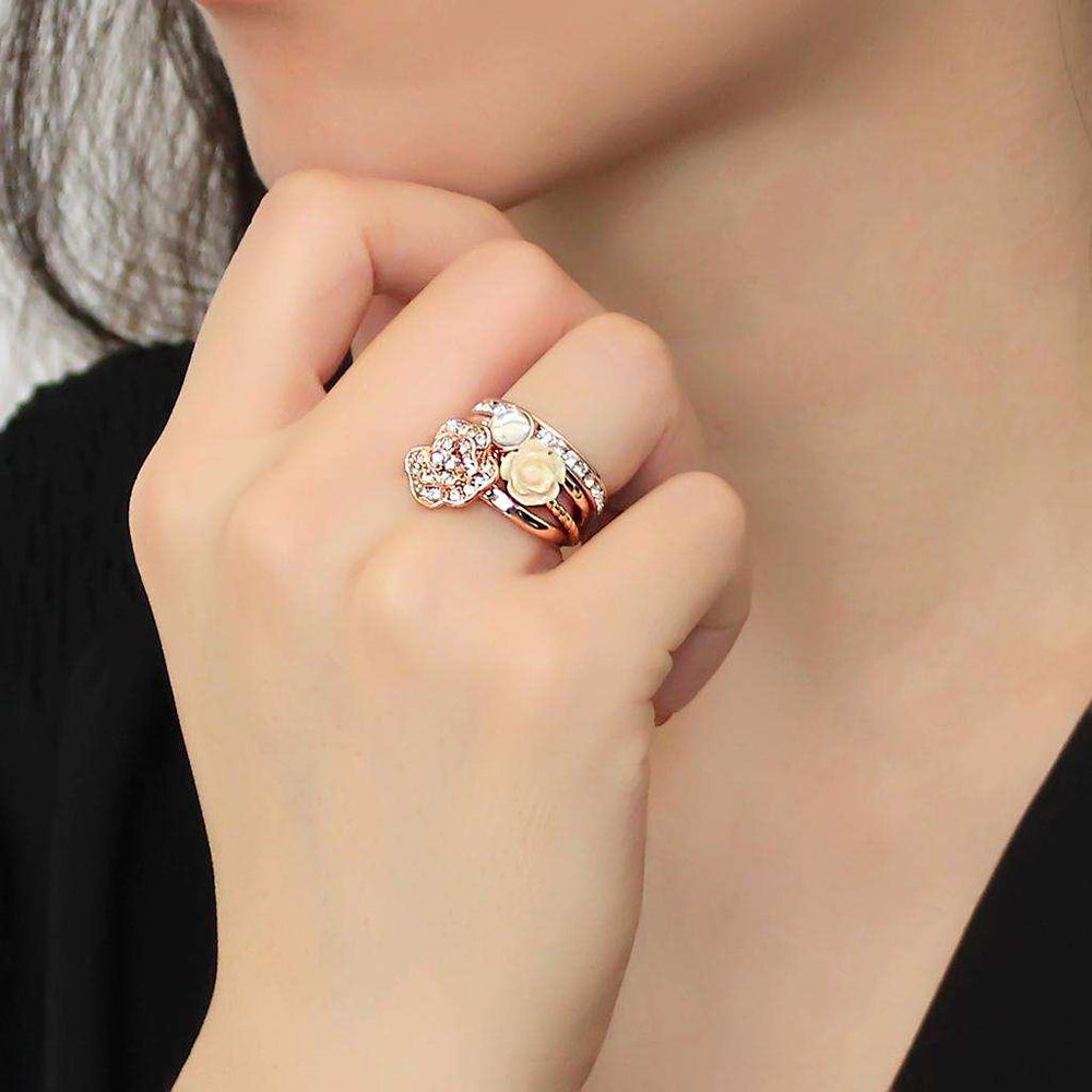 3W1490 - Rose Gold Brass Ring with Synthetic Synthetic Stone in White - Alamode - Flyclothing LLC