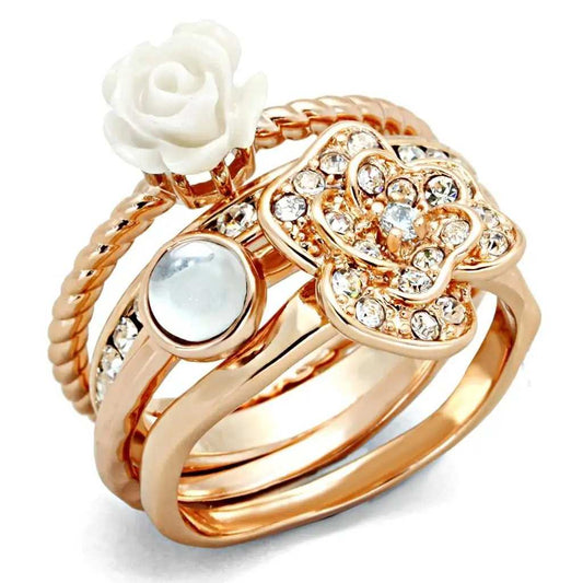 3W1490 - Rose Gold Brass Ring with Synthetic Synthetic Stone in White - Alamode - Flyclothing LLC