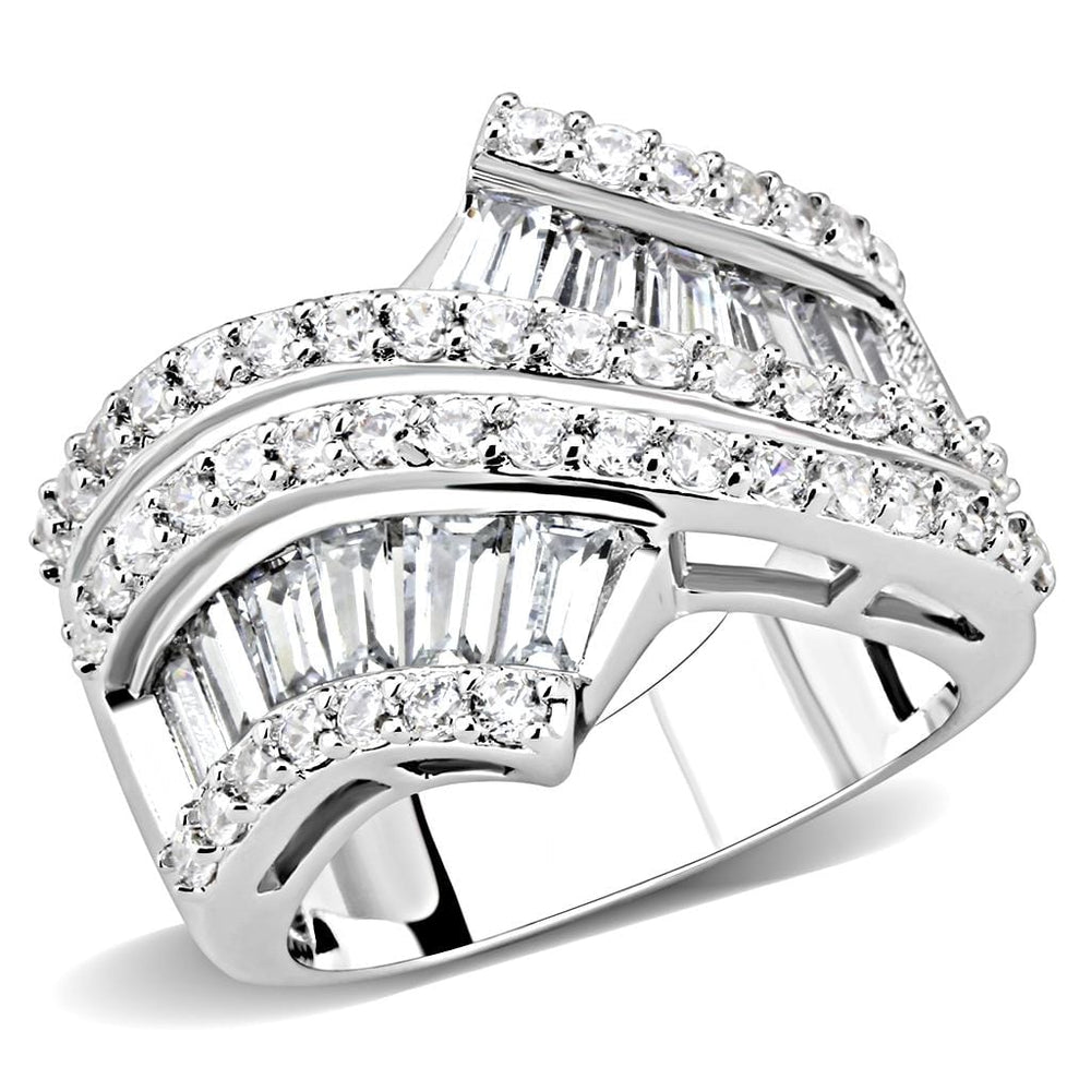 3W1501 - Rhodium Brass Ring with AAA Grade CZ  in Clear - Alamode