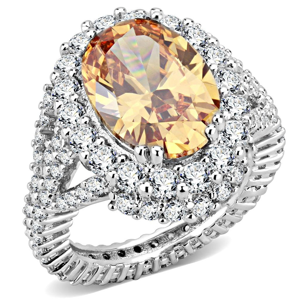 3W1523 - Rhodium Brass Ring with AAA Grade CZ  in Champagne - Alamode