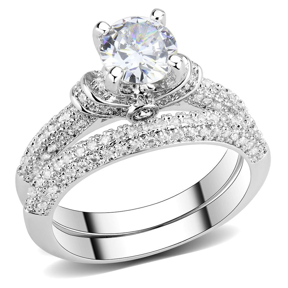 3W1555 - Rhodium Brass Ring with AAA Grade CZ  in Clear - Alamode