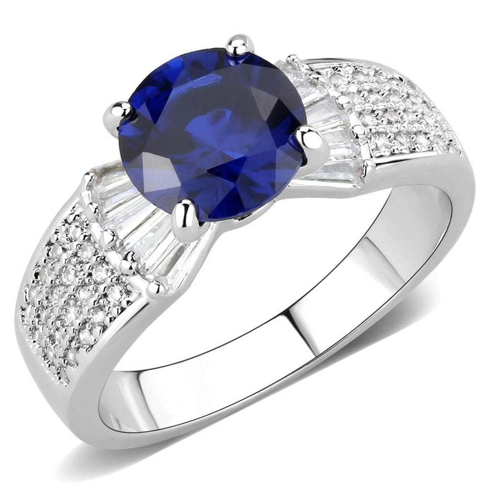 3W1562 - Rhodium Brass Ring with Synthetic Spinel in London Blue - Alamode
