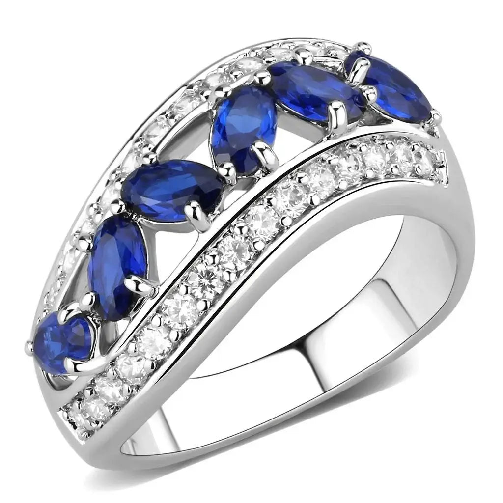 3W1569 - Rhodium Brass Ring with Synthetic Spinel in London Blue - Alamode - Flyclothing LLC