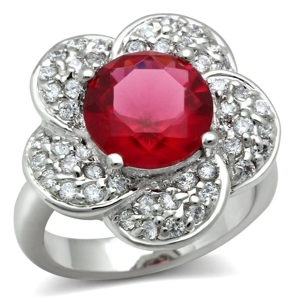 3W156 - Rhodium Brass Ring with Synthetic Synthetic Glass in Siam - Alamode