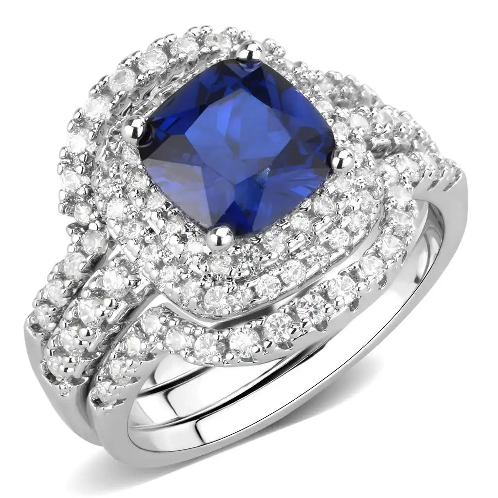3W1599 - Rhodium Brass Ring with Synthetic Spinel in London Blue - Alamode - Flyclothing LLC
