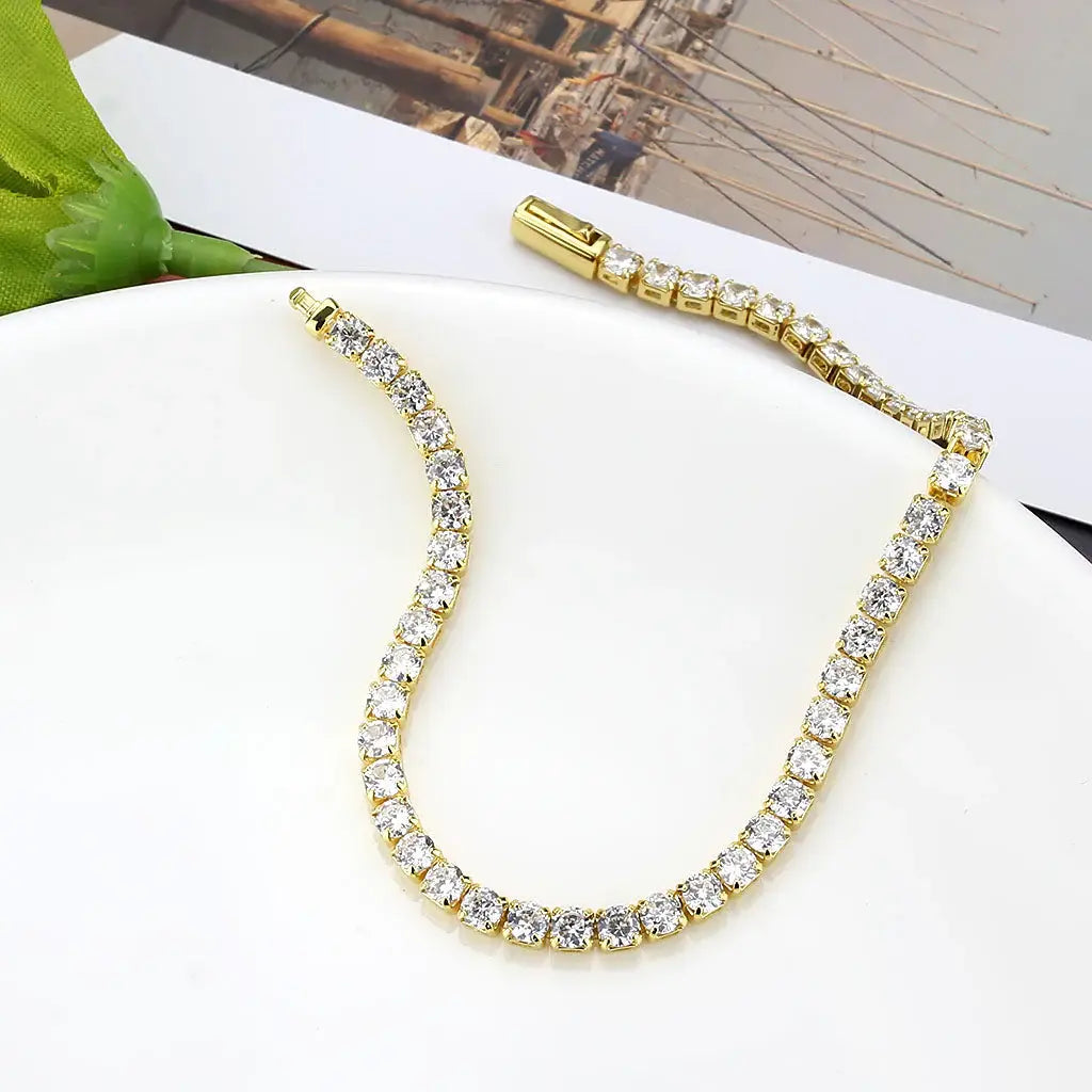 3W1692 - Gold Brass Bracelet with AAA Grade CZ in Clear - Alamode - Flyclothing LLC
