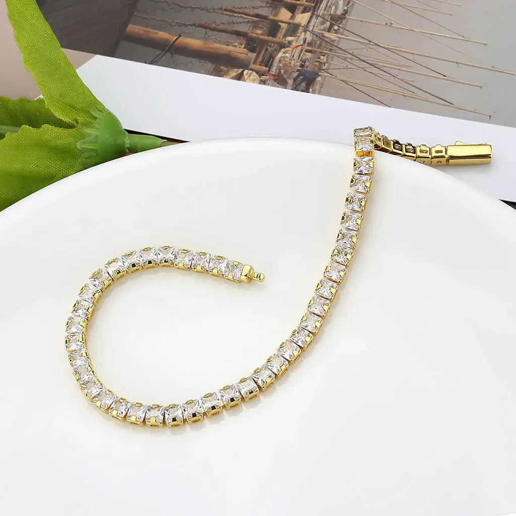 3W1695 - Gold Brass Bracelet with AAA Grade CZ in Clear - Alamode - Flyclothing LLC