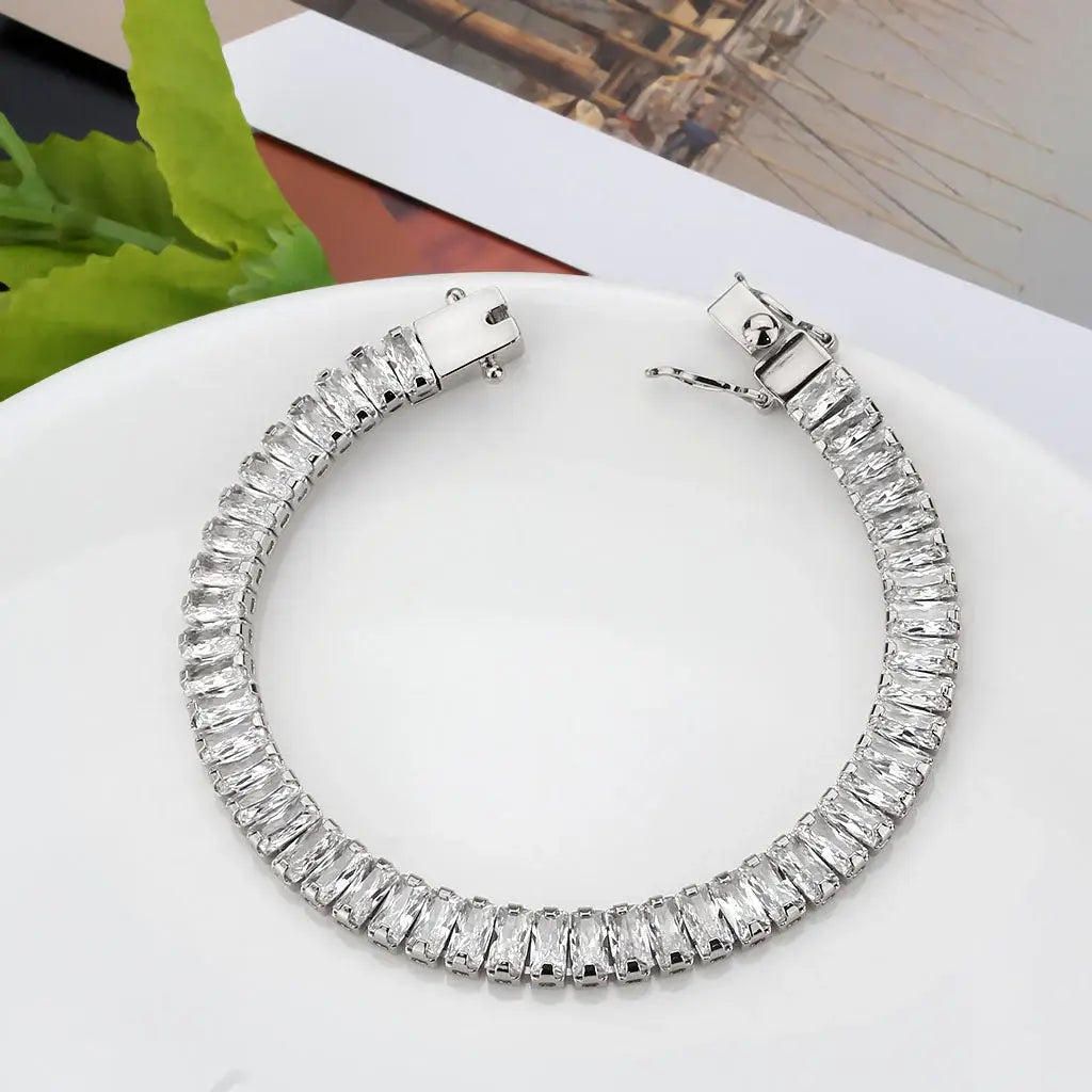 3W1703 - Rhodium Brass Bracelet with AAA Grade CZ in Clear - Alamode - Flyclothing LLC