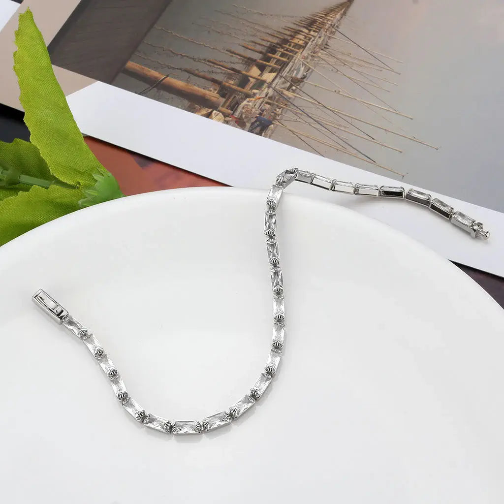 3W1715 - Rhodium Brass Bracelet with AAA Grade CZ in Clear - Alamode - Flyclothing LLC