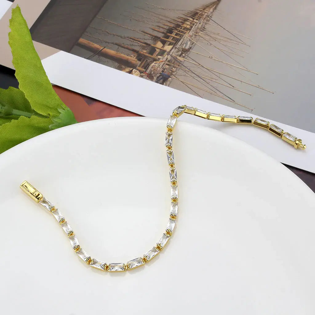 3W1716 - Gold Brass Bracelet with AAA Grade CZ in Clear - Alamode - Flyclothing LLC
