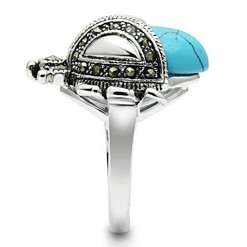 3W181 - Rhodium Brass Ring with Synthetic Turquoise in Sea Blue - Alamode - Flyclothing LLC