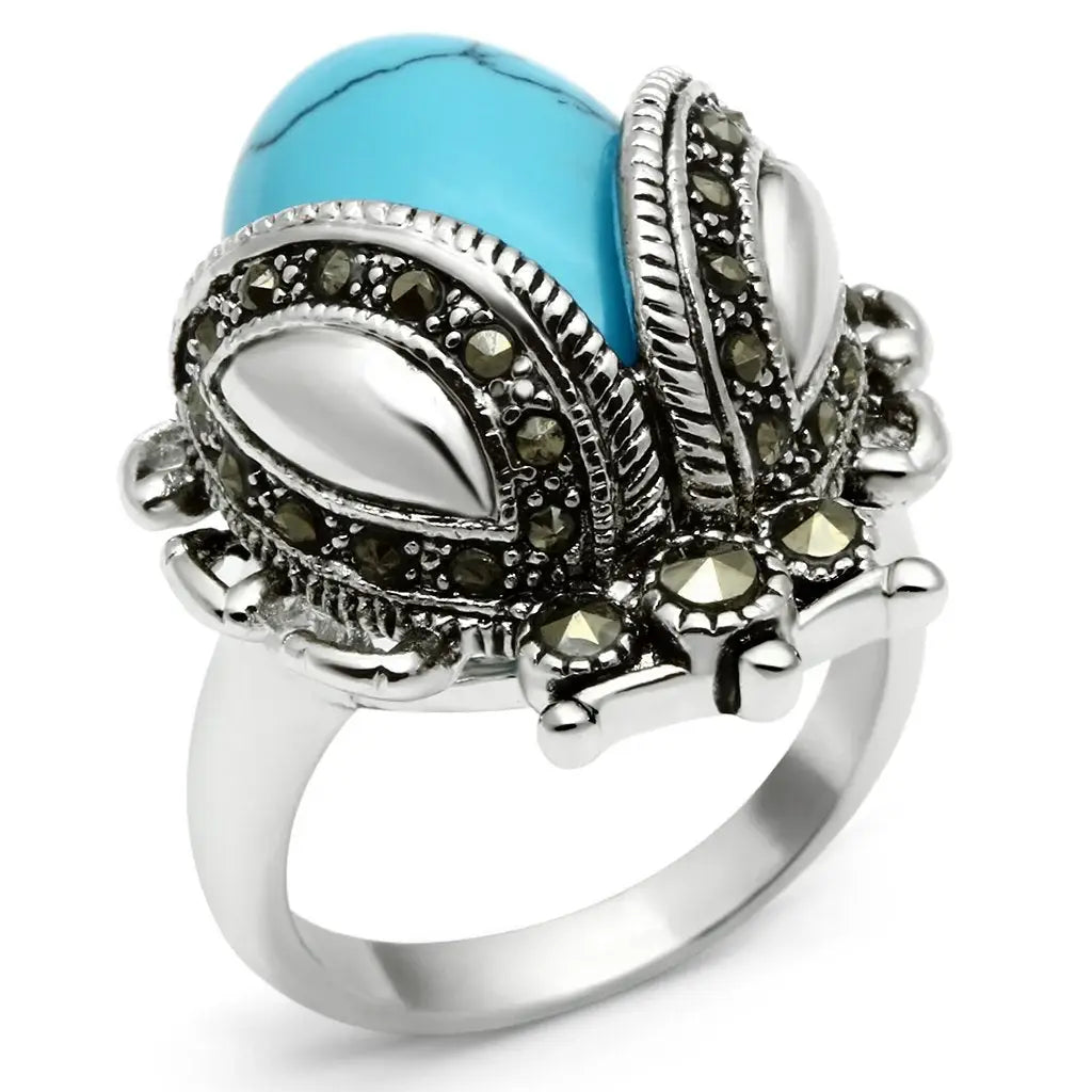 3W181 - Rhodium Brass Ring with Synthetic Turquoise in Sea Blue - Alamode - Flyclothing LLC