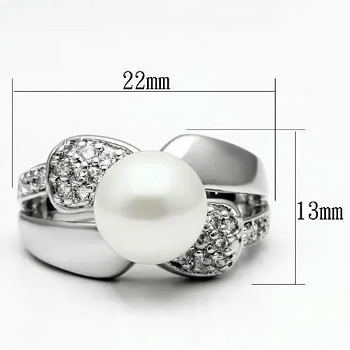 3W182 - Rhodium Brass Ring with Synthetic Pearl in White - Alamode - Flyclothing LLC