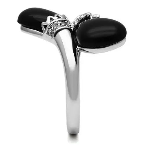 3W195 - Rhodium Brass Ring with Semi-Precious Onyx in Jet - Alamode - Flyclothing LLC