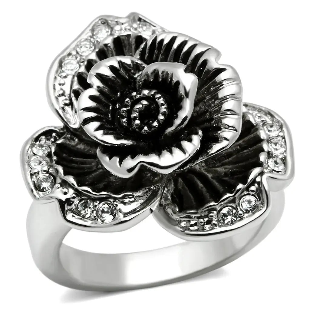 3W198 - Rhodium Brass Ring with Top Grade Crystal in Clear - Alamode - Flyclothing LLC
