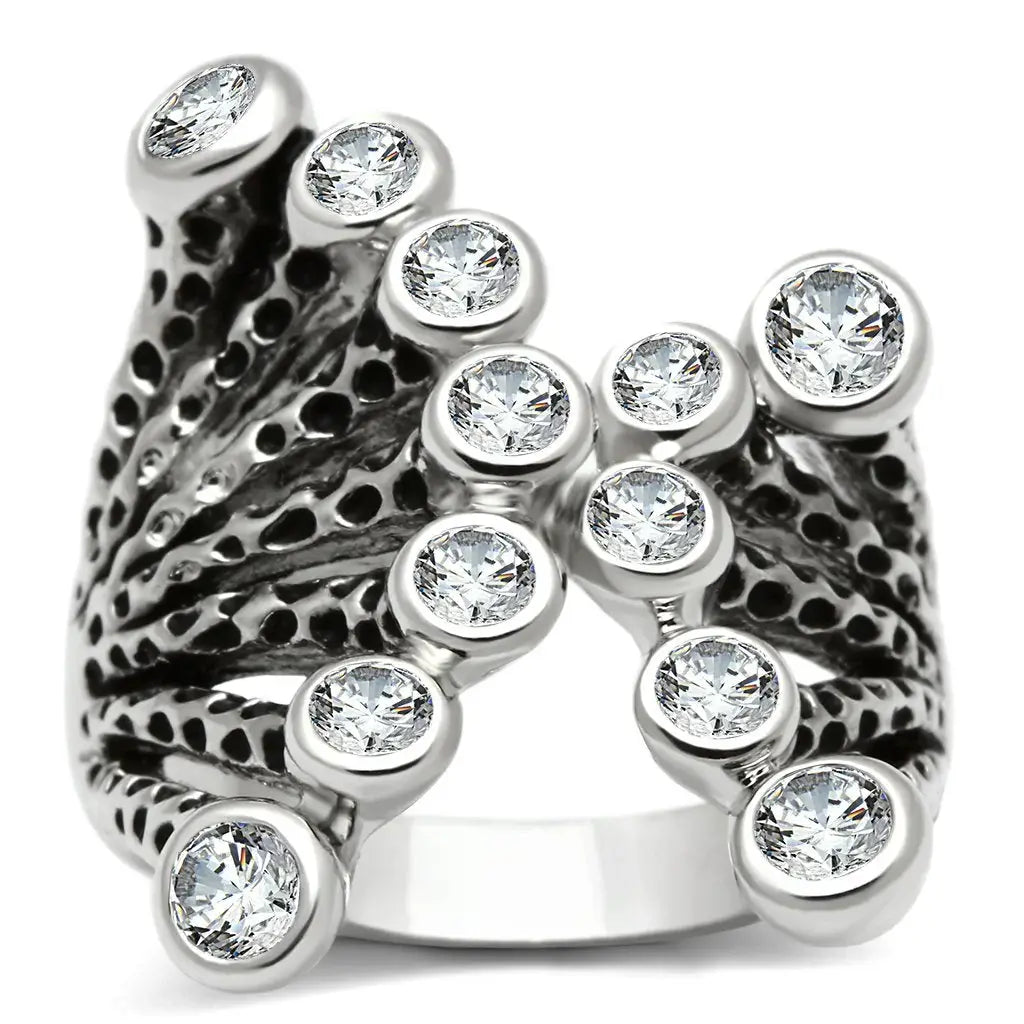3W218 - Rhodium Brass Ring with AAA Grade CZ in Clear - Alamode - Flyclothing LLC