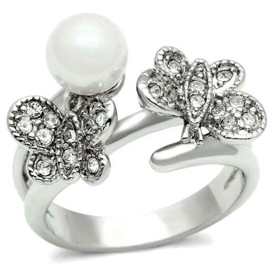 3W223 - Rhodium Brass Ring with Synthetic Pearl in White - Alamode - Flyclothing LLC