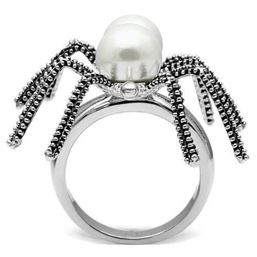 3W226 - Rhodium Brass Ring with Synthetic Pearl in White - Alamode - Flyclothing LLC