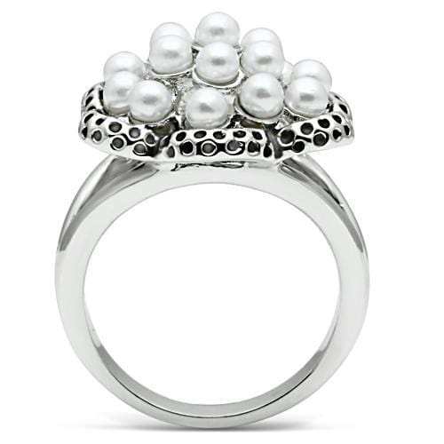 3W232 - Rhodium Brass Ring with Synthetic Pearl in White - Alamode - Flyclothing LLC