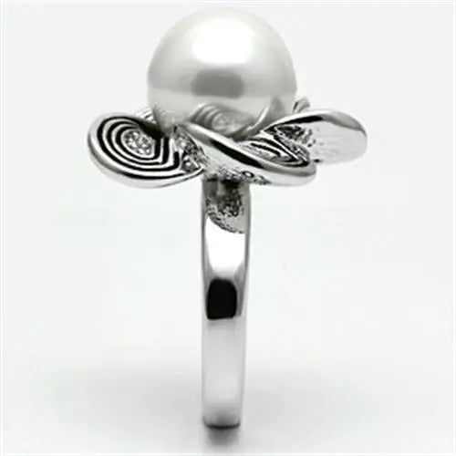 3W240 - Rhodium Brass Ring with Synthetic Pearl in White - Alamode - Flyclothing LLC