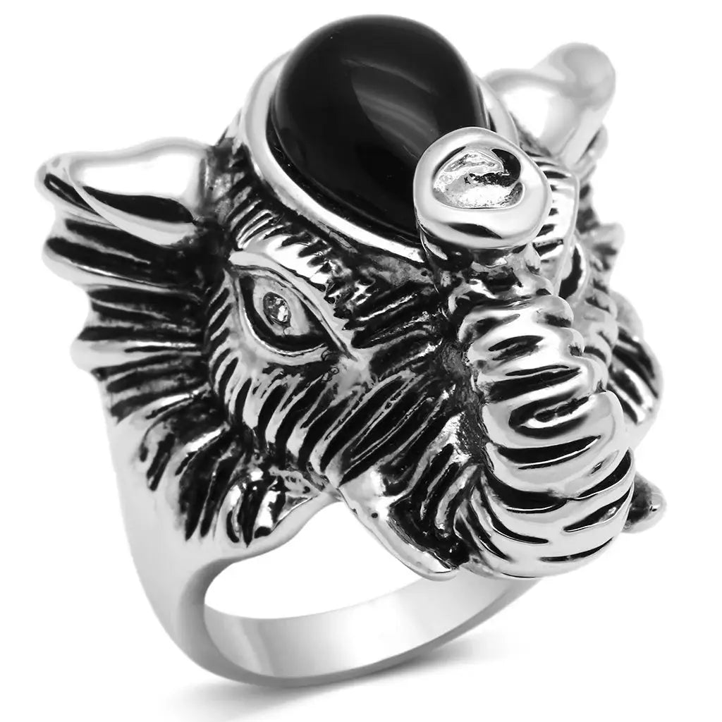 3W241 - Rhodium Brass Ring with Synthetic Onyx in Jet - Alamode - Flyclothing LLC