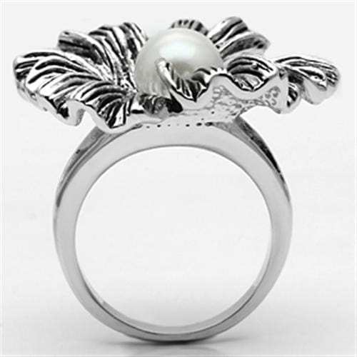 3W259 - Rhodium Brass Ring with Synthetic Pearl in White - Alamode - Flyclothing LLC