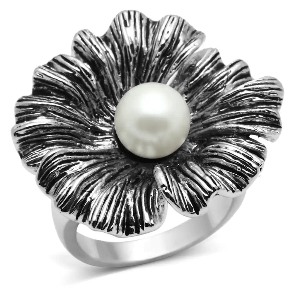 3W259 - Rhodium Brass Ring with Synthetic Pearl in White - Alamode