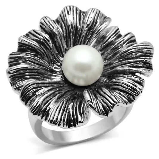 3W259 - Rhodium Brass Ring with Synthetic Pearl in White - Alamode - Flyclothing LLC