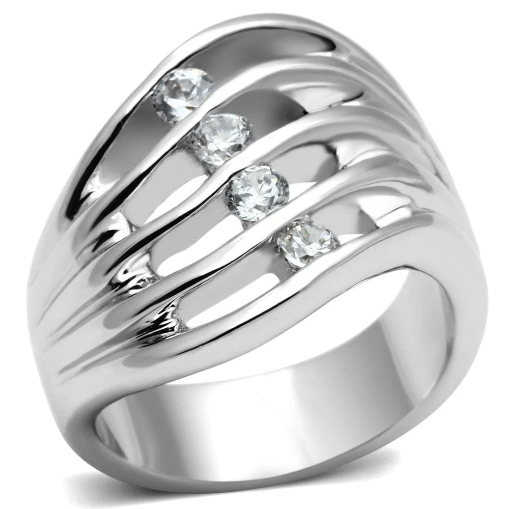 3W265 - Rhodium Brass Ring with AAA Grade CZ  in Clear - Alamode