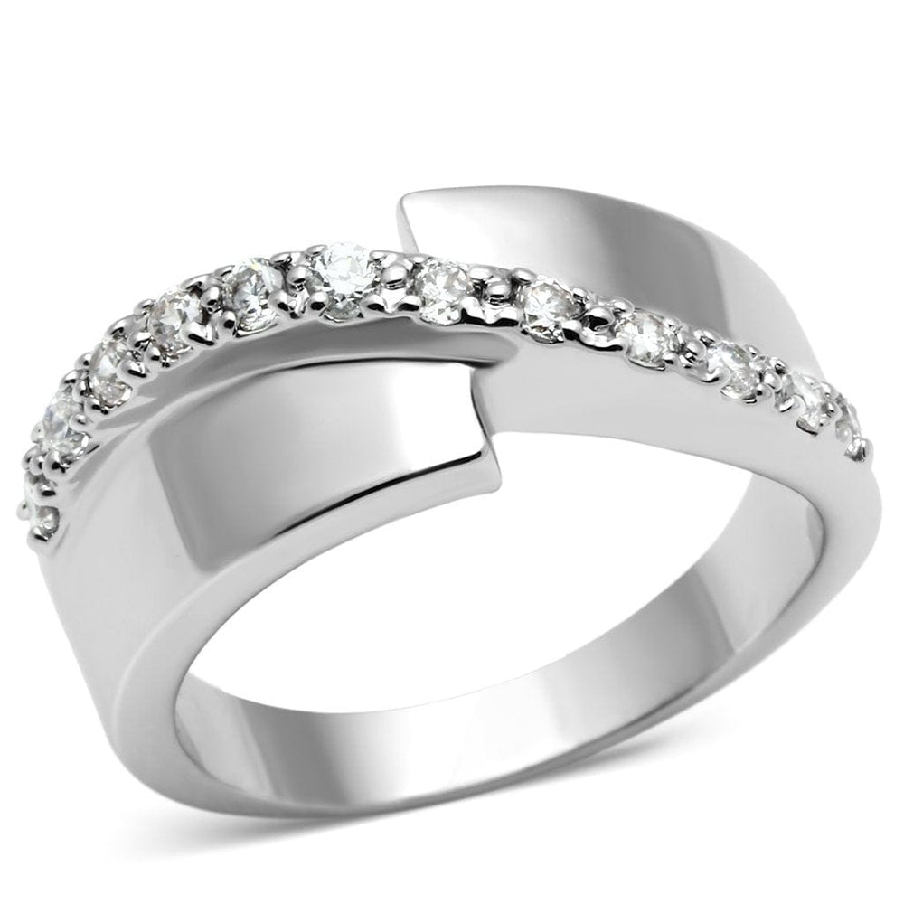 3W267 - Rhodium Brass Ring with AAA Grade CZ  in Clear - Alamode