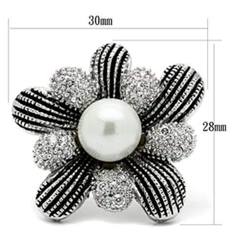 3W294 - Rhodium Brass Ring with Synthetic Pearl in White - Alamode - Flyclothing LLC