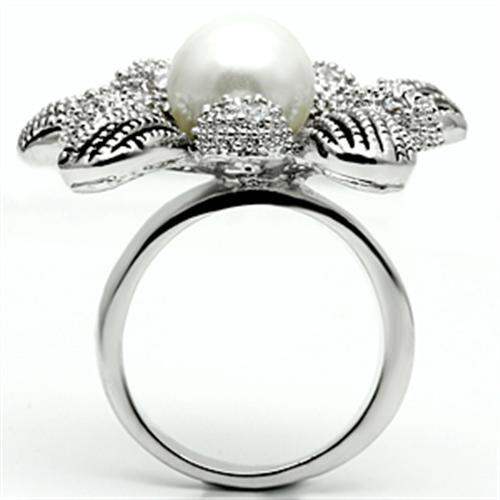 3W294 - Rhodium Brass Ring with Synthetic Pearl in White - Alamode - Flyclothing LLC