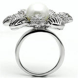 3W294 - Rhodium Brass Ring with Synthetic Pearl in White - Alamode - Flyclothing LLC