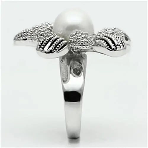 3W294 - Rhodium Brass Ring with Synthetic Pearl in White - Alamode - Flyclothing LLC