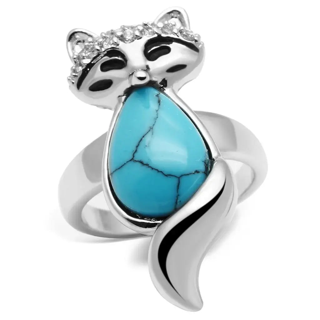 3W295 - Rhodium Brass Ring with Synthetic Turquoise in Sea Blue - Alamode - Flyclothing LLC