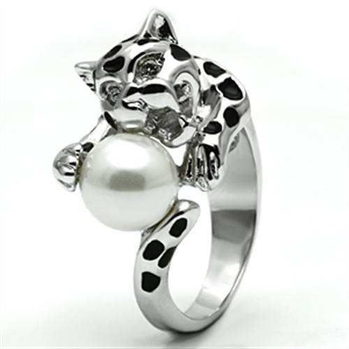 3W297 - Rhodium Brass Ring with Synthetic Pearl in White - Alamode - Flyclothing LLC