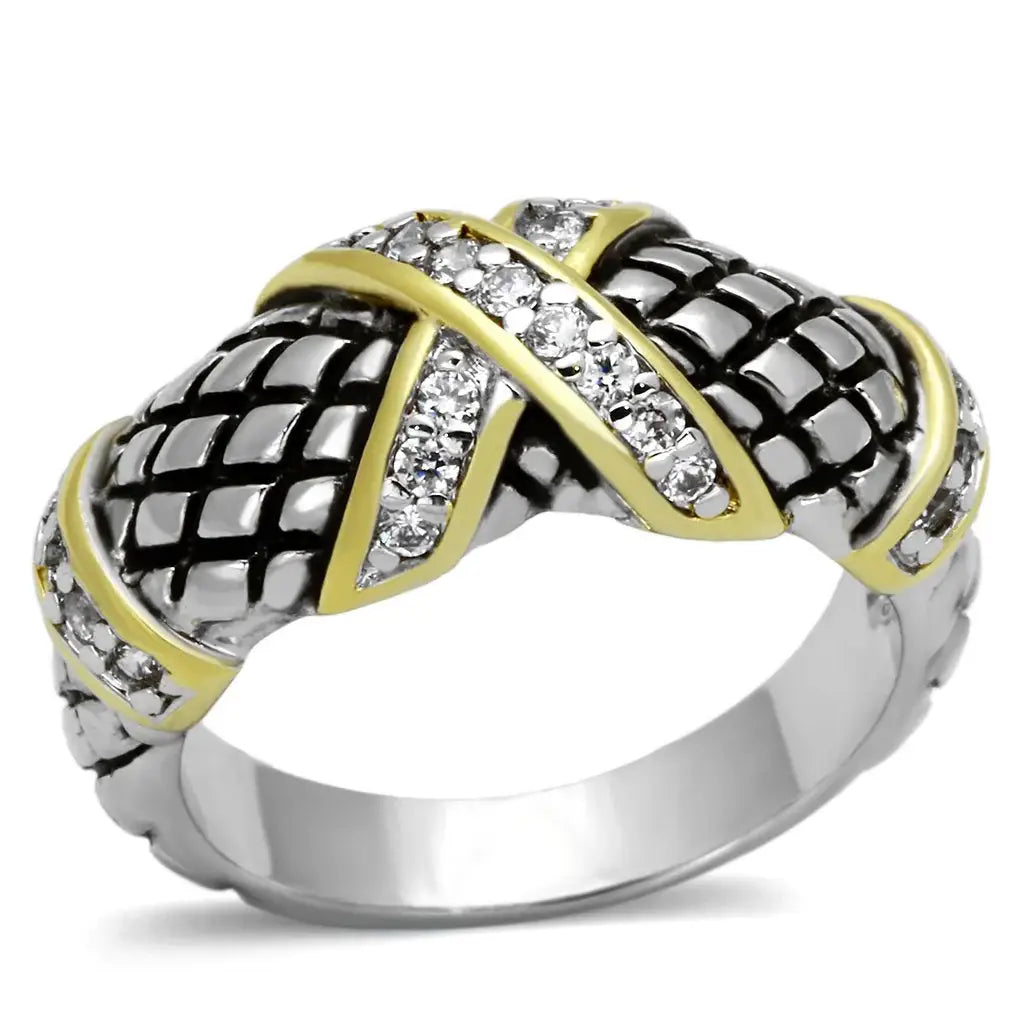 3W314 - Reverse Two-Tone Brass Ring with AAA Grade CZ in Clear - Alamode - Flyclothing LLC