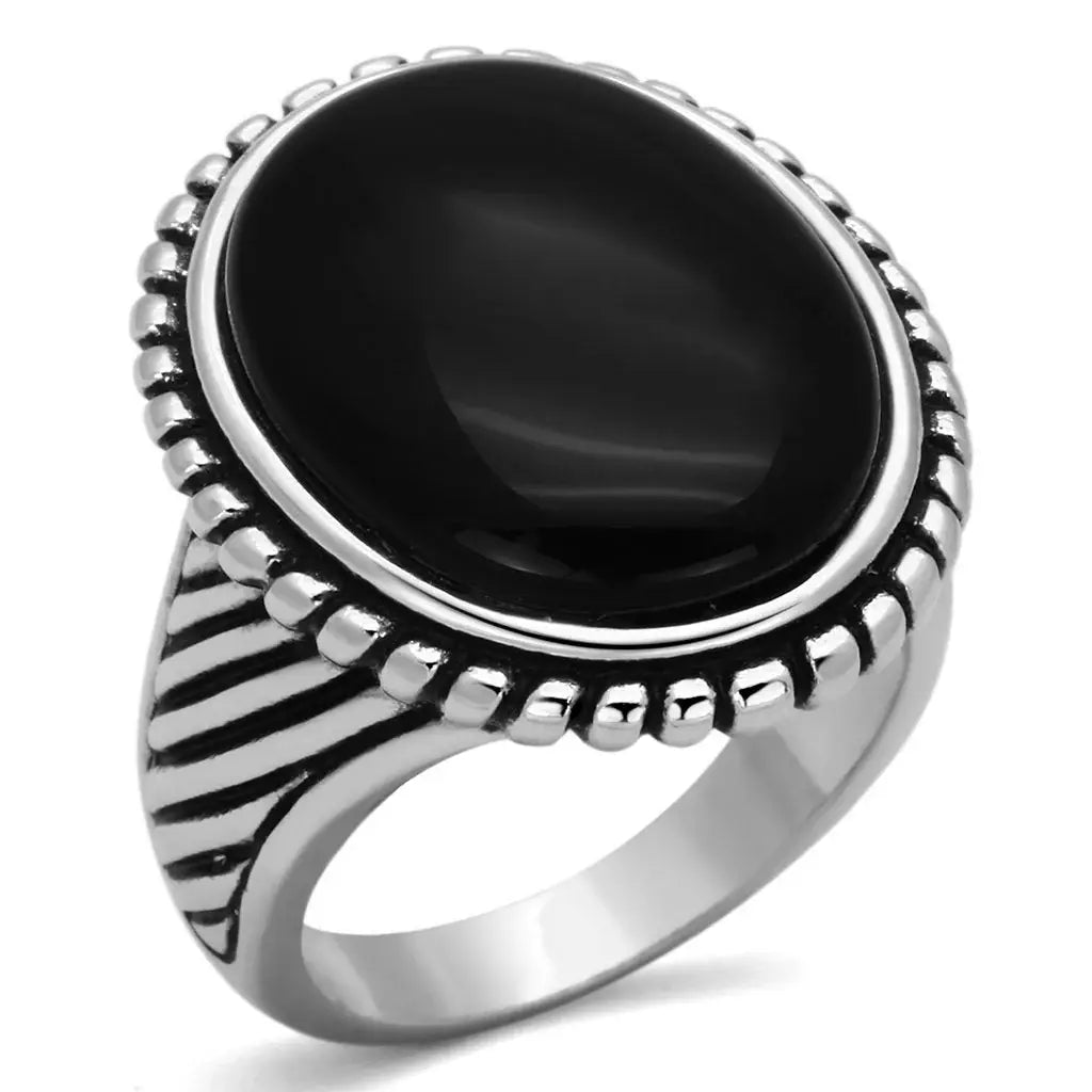 3w318 - Rhodium Brass Ring with Semi-Precious Onyx in Jet - Alamode - Flyclothing LLC