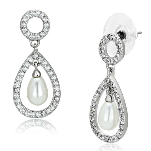 3W341 - Rhodium Brass Earrings with Synthetic Pearl in White - Alamode - Flyclothing LLC
