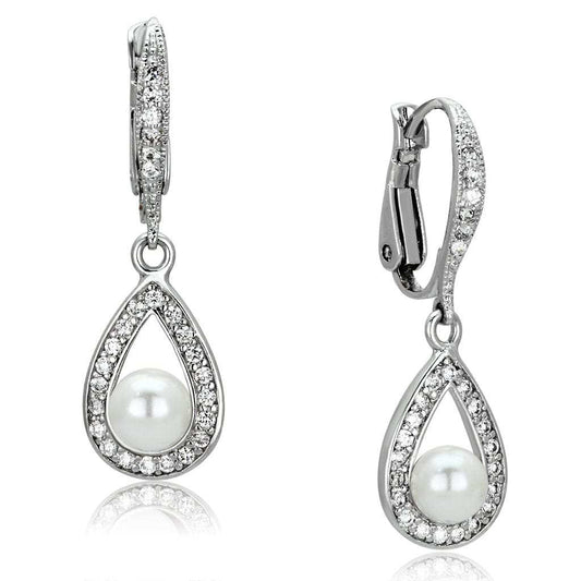 3W344 - Rhodium Brass Earrings with Synthetic Pearl in White - Alamode - Flyclothing LLC