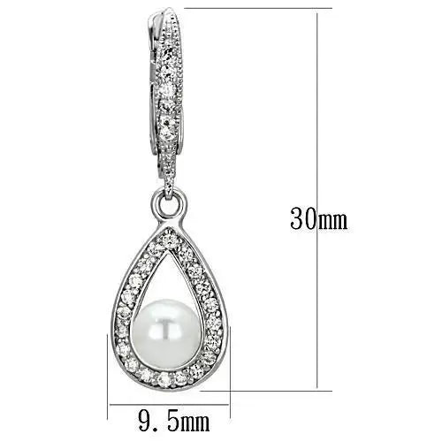 3W344 - Rhodium Brass Earrings with Synthetic Pearl in White - Alamode - Flyclothing LLC